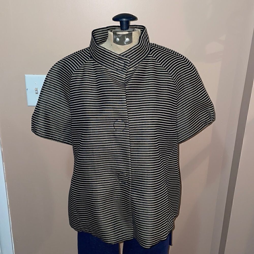 Akris Punto Charcoal & Tan Striped Short Sleeved Drawstring Waist Jacket